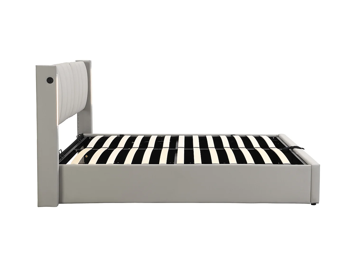 Tweepersoons opbergbed 140x200 cm met USB-poort, LED, verstelbare hoofdbord, in grijs PU (zonder matras)