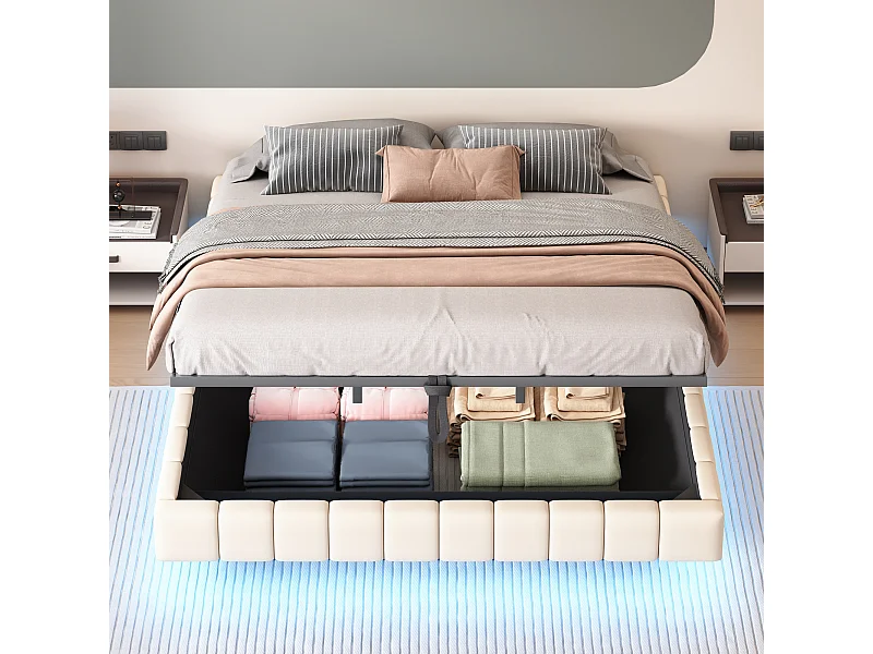 Gestoffeerd bed 180x200 cm zonder hoofdeinde – hydraulisch zwevend frame, LED, geïntegreerde opbergruimte – Beige linnen (zonder matras)