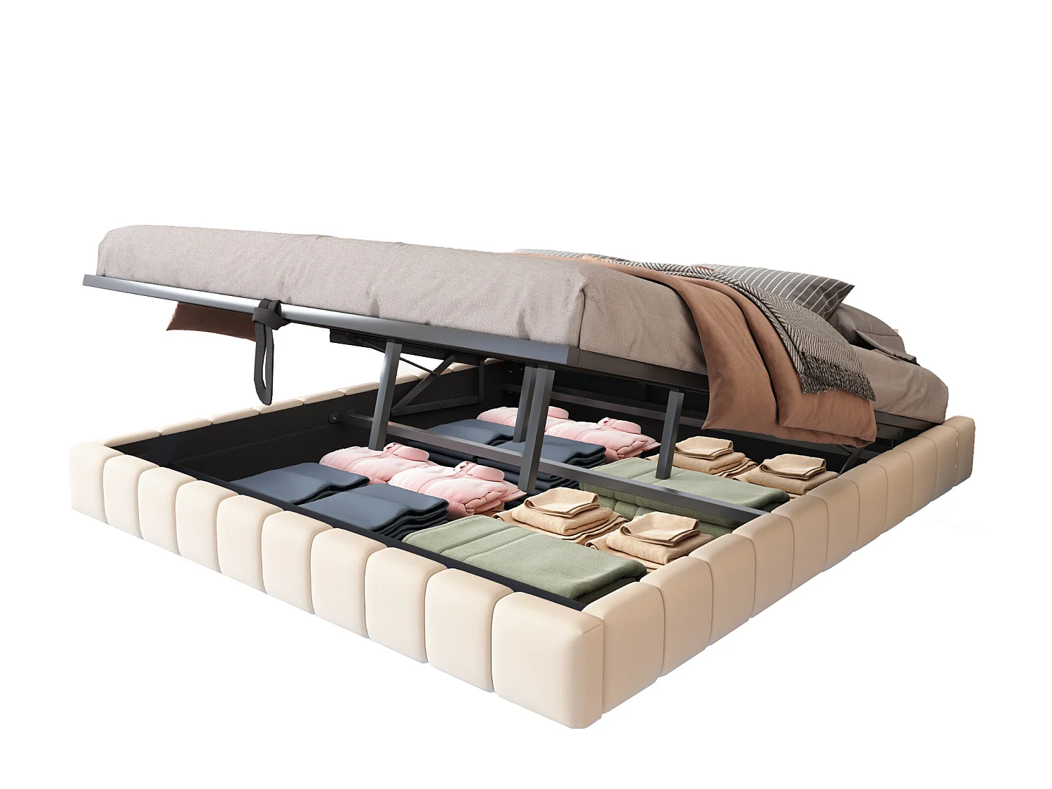 Gestoffeerd bed 180x200 cm zonder hoofdeinde – hydraulisch zwevend frame, LED, geïntegreerde opbergruimte – Beige linnen (zonder matras)