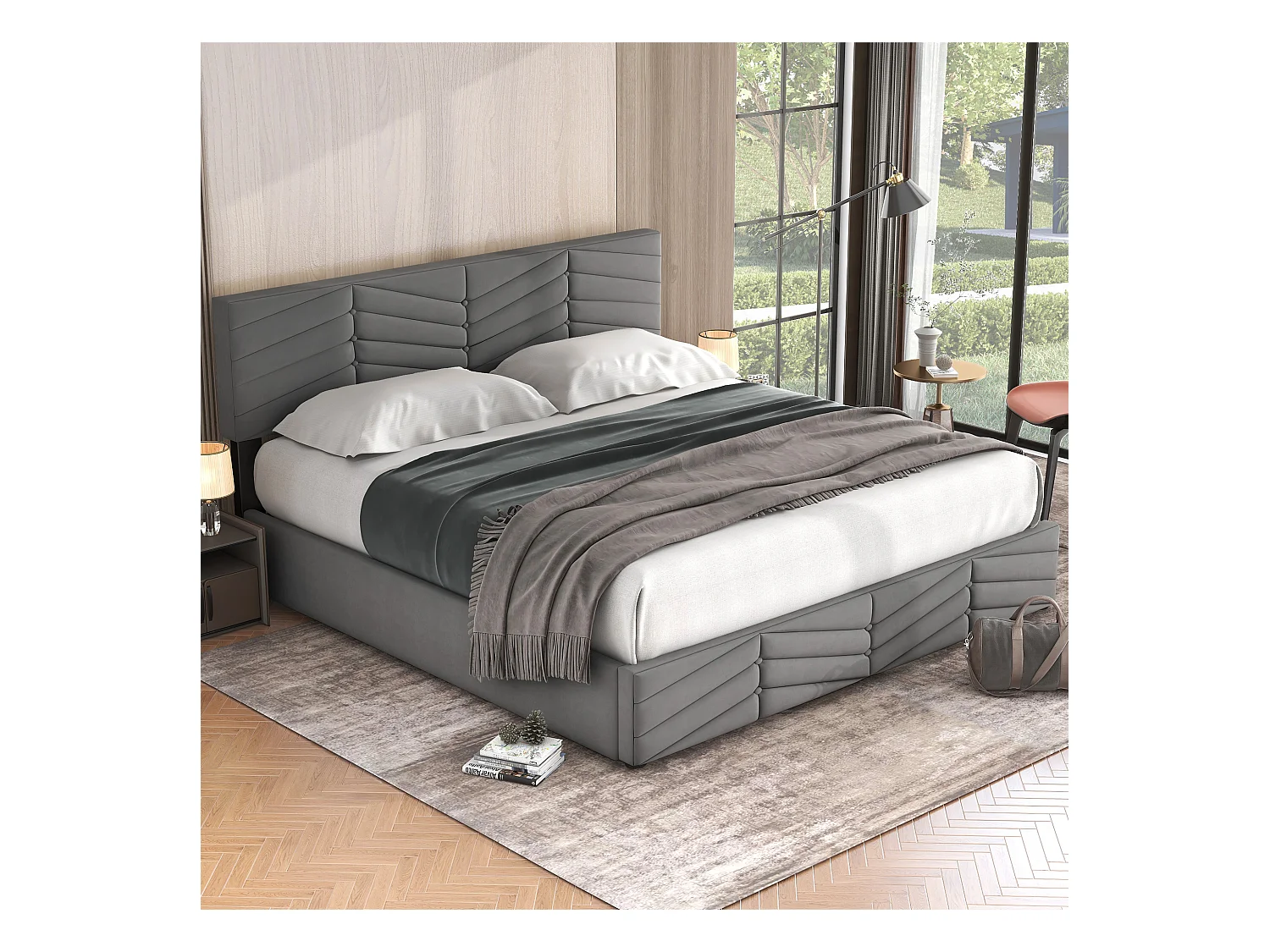 Lit coffre adulte 160x200 cm, style contemporain avec tête de lit réglable, en velours gris(sans matelas)