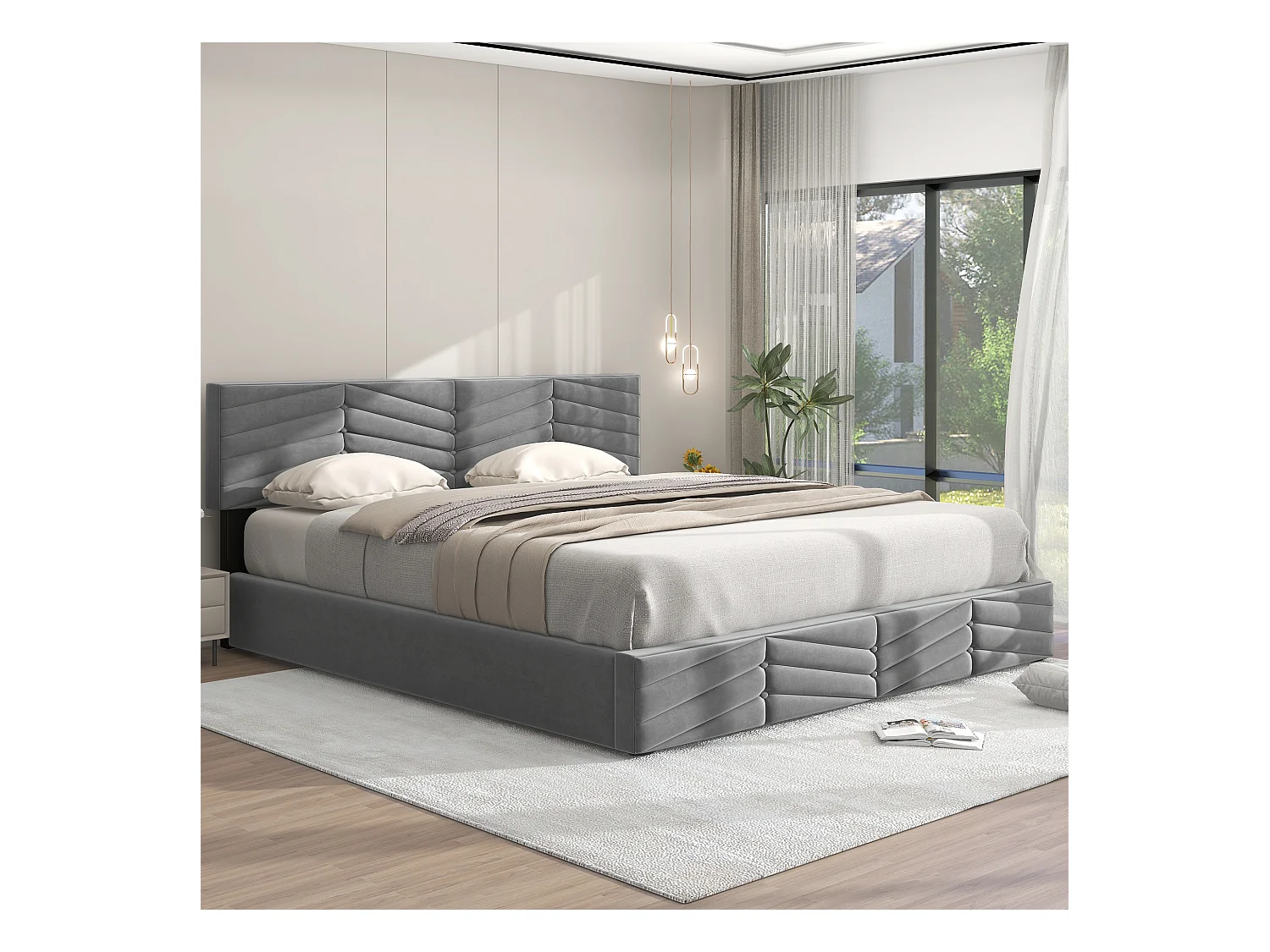 Cama doble con almacenaje 160x200 estilo continental con cabecero ajustable, terciopelo gris, sin colchón