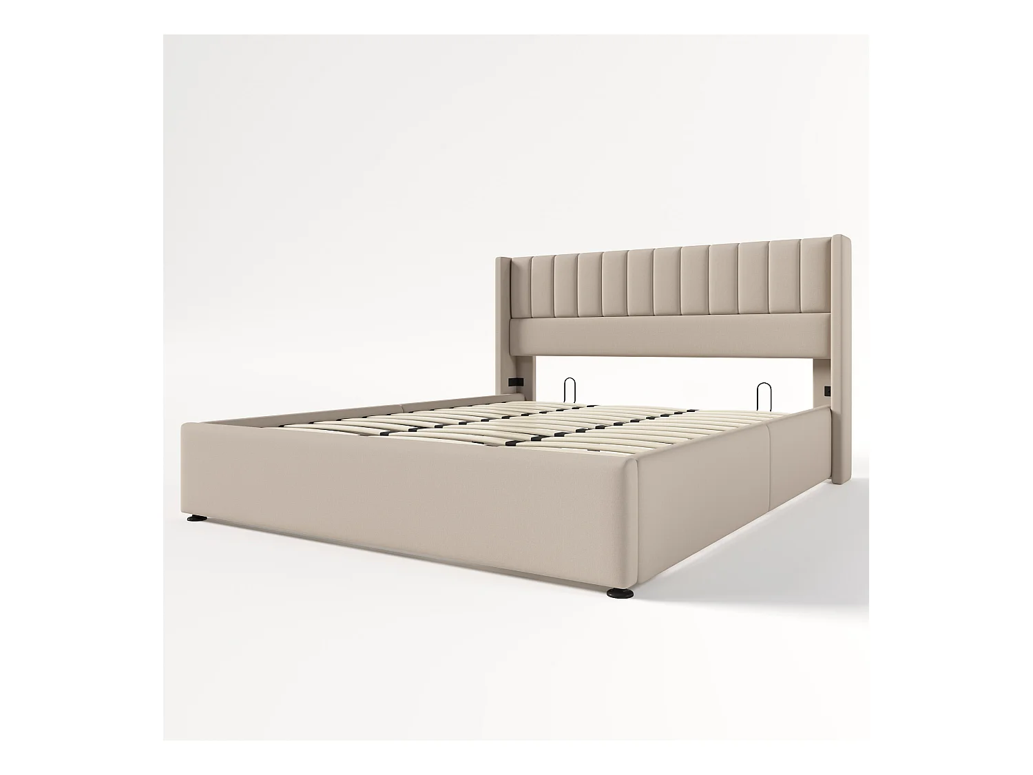 Cama baúl doble 180x200 cm para adultos, con sistema hidráulico, somier de lamas de madera y tapizado en lino beige (sin colchón)