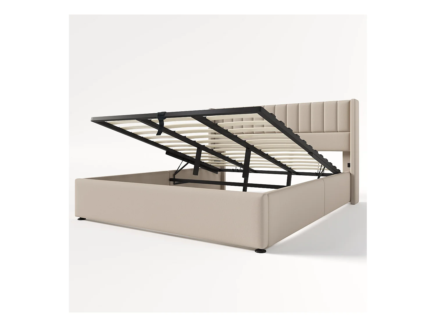 Cama baúl doble 180x200 cm para adultos, con sistema hidráulico, somier de lamas de madera y tapizado en lino beige (sin colchón)