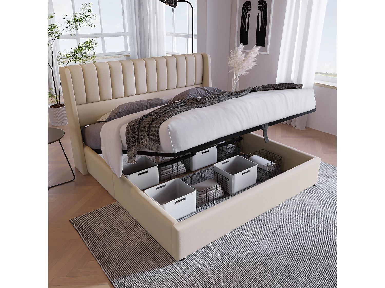 Lit coffre adulte 180x200 cm, lit adulte hydraulique avec sommier à lattes en bois, tissu en lin beige - sans matelas