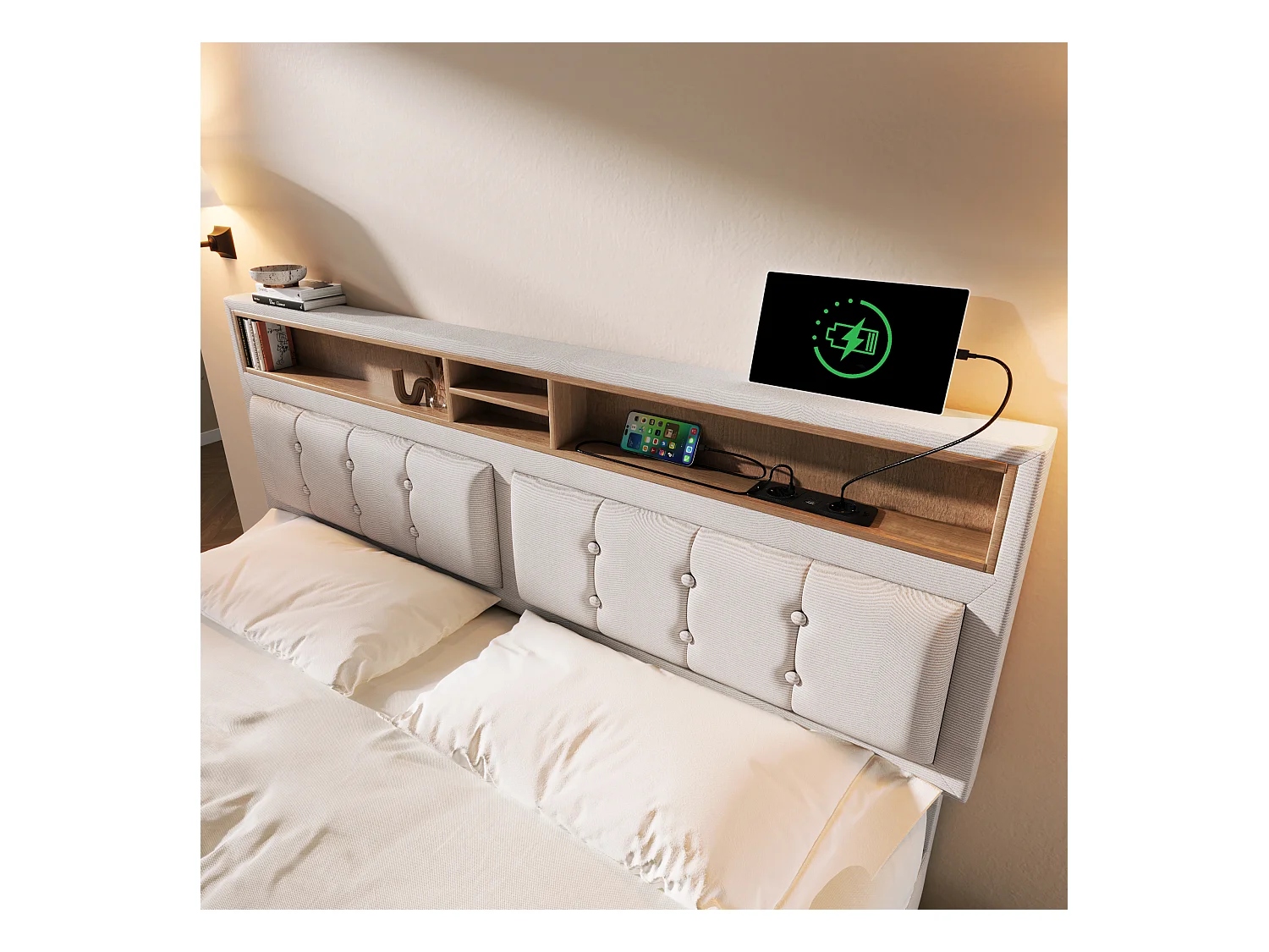 Lit coffre adulte 160x200 cm avec prise USB-C, cadre en lin beige,sans matelas