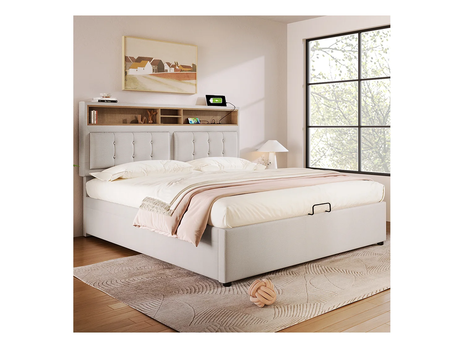 Lit coffre adulte 160x200 cm avec prise USB-C, cadre en lin beige,sans matelas