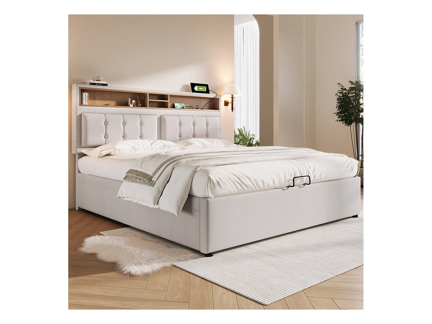 Lit coffre adulte 160x200 cm avec prise USB-C, cadre en lin beige,sans matelas