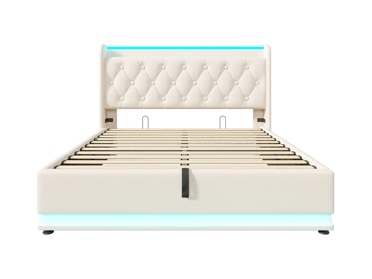 Lit coffre adulte 160x200 cm,tête de lit rembourrée avec LED et chargeur USB Type-C, en PU blanc sans matelas