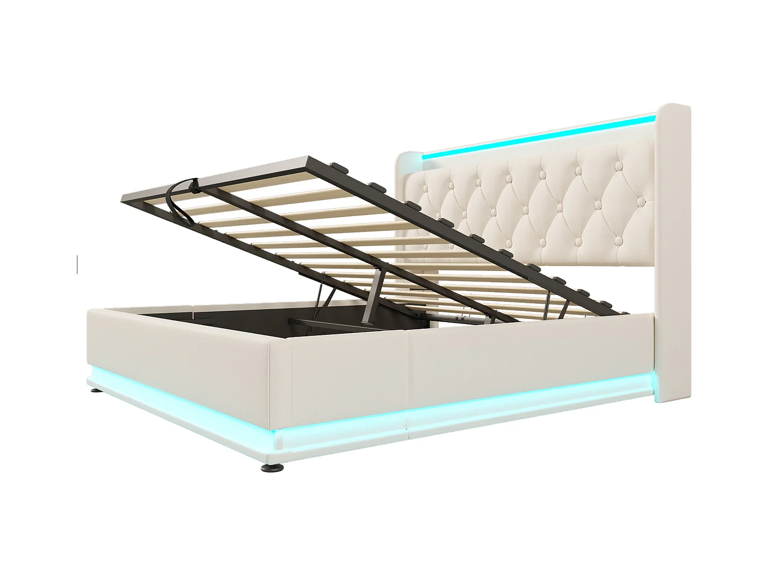 Lit coffre adulte 160x200 cm,tête de lit rembourrée avec LED et chargeur USB Type-C, en PU blanc sans matelas