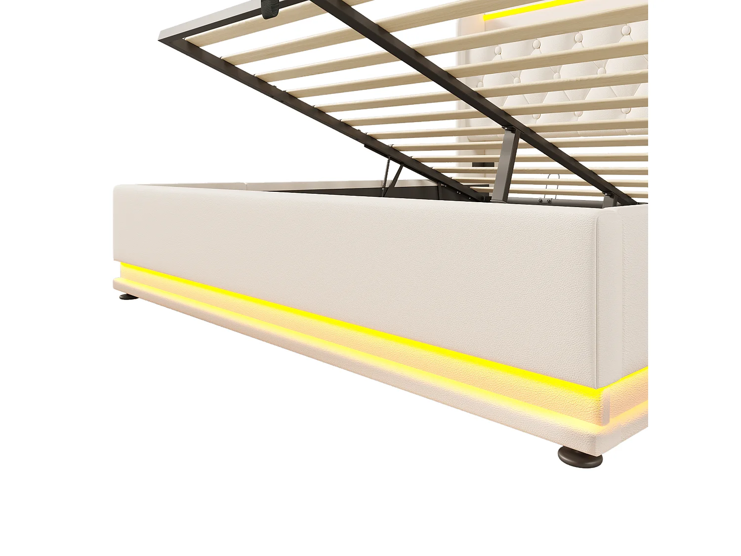 Lit coffre adulte 160x200 cm,tête de lit rembourrée avec LED et chargeur USB Type-C, en PU blanc sans matelas