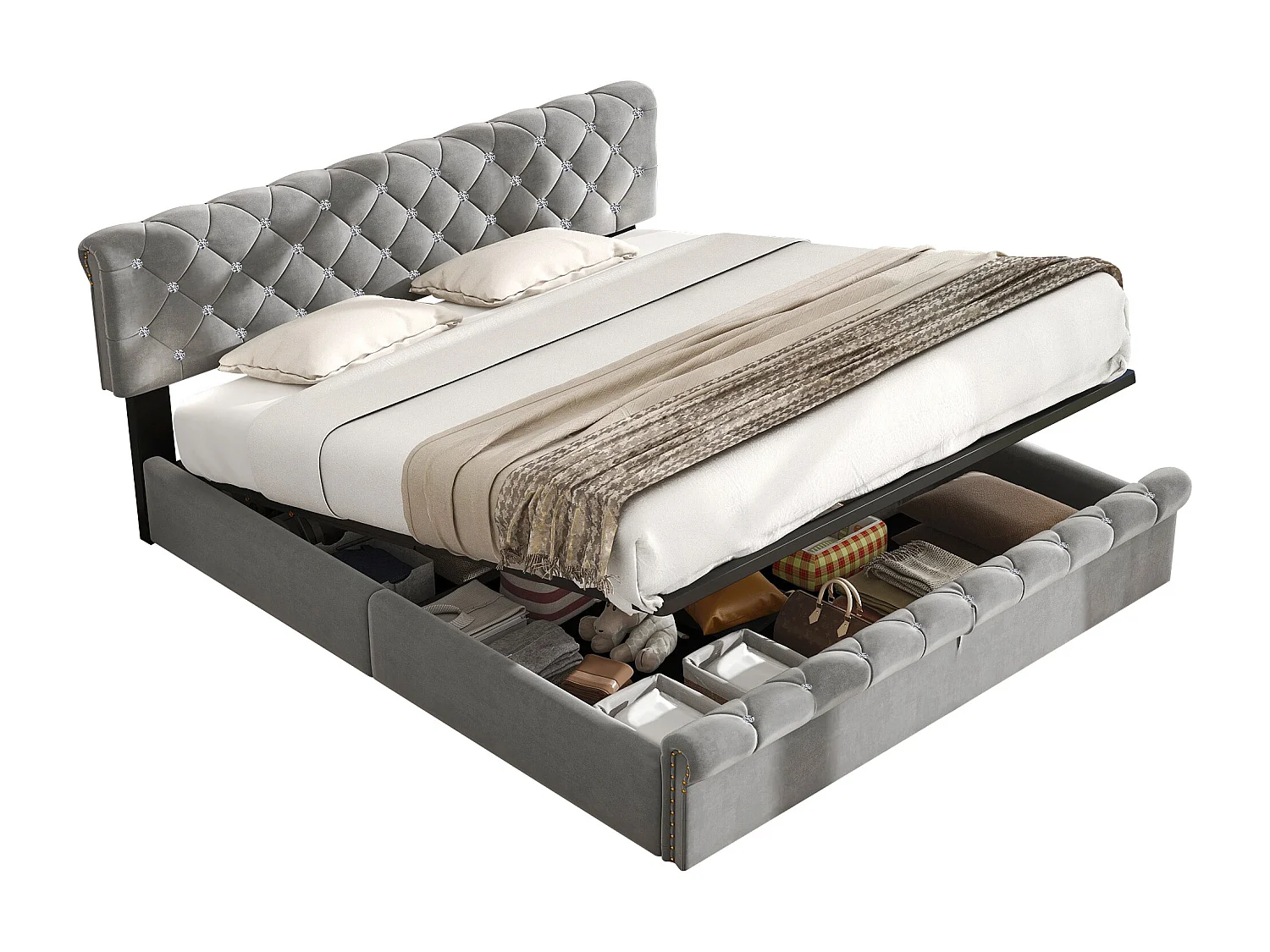 Tweepersoons opbergbed 180x200 cm met in hoogte verstelbare hoofdbord, grijs fluweel (zonder matras)