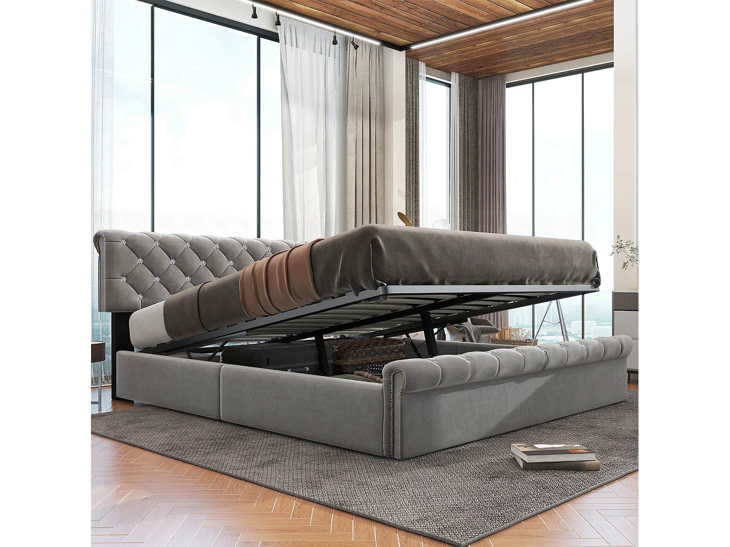 Tweepersoons opbergbed 180x200 cm met in hoogte verstelbare hoofdbord, grijs fluweel (zonder matras)