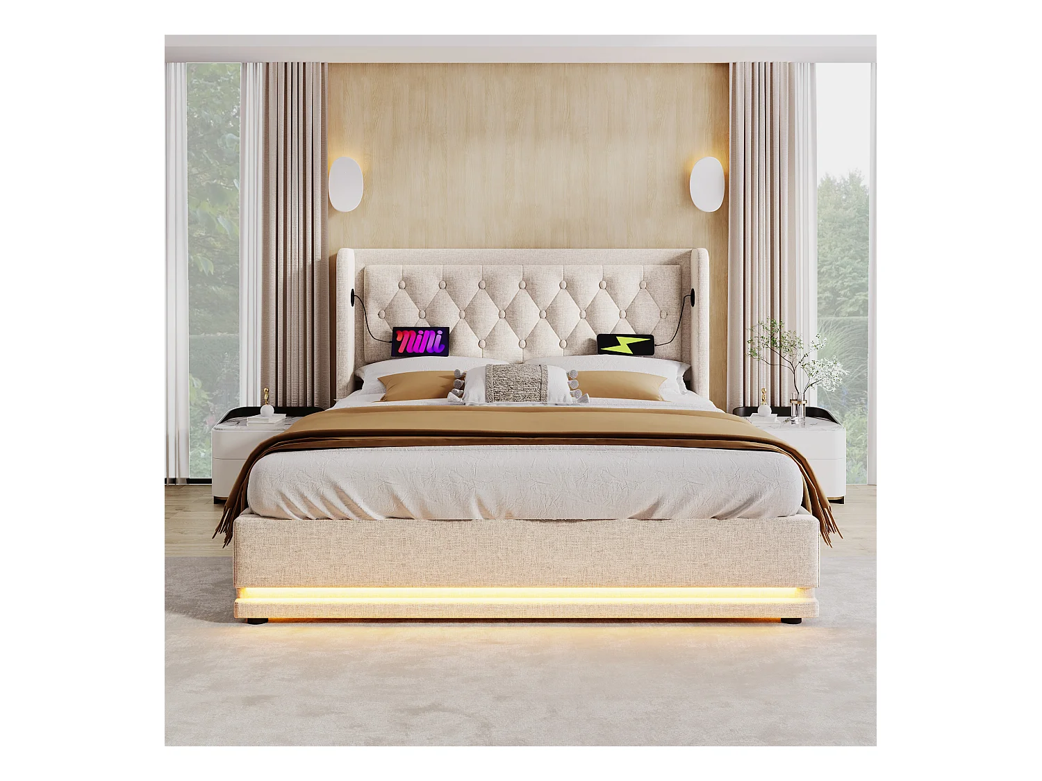Tweepersoons opbergbed 160x200 cm van beige katoen, hoofdeinde met USB Type-C opladen, LED-verlichting aan 3 zijden (zonder matras)