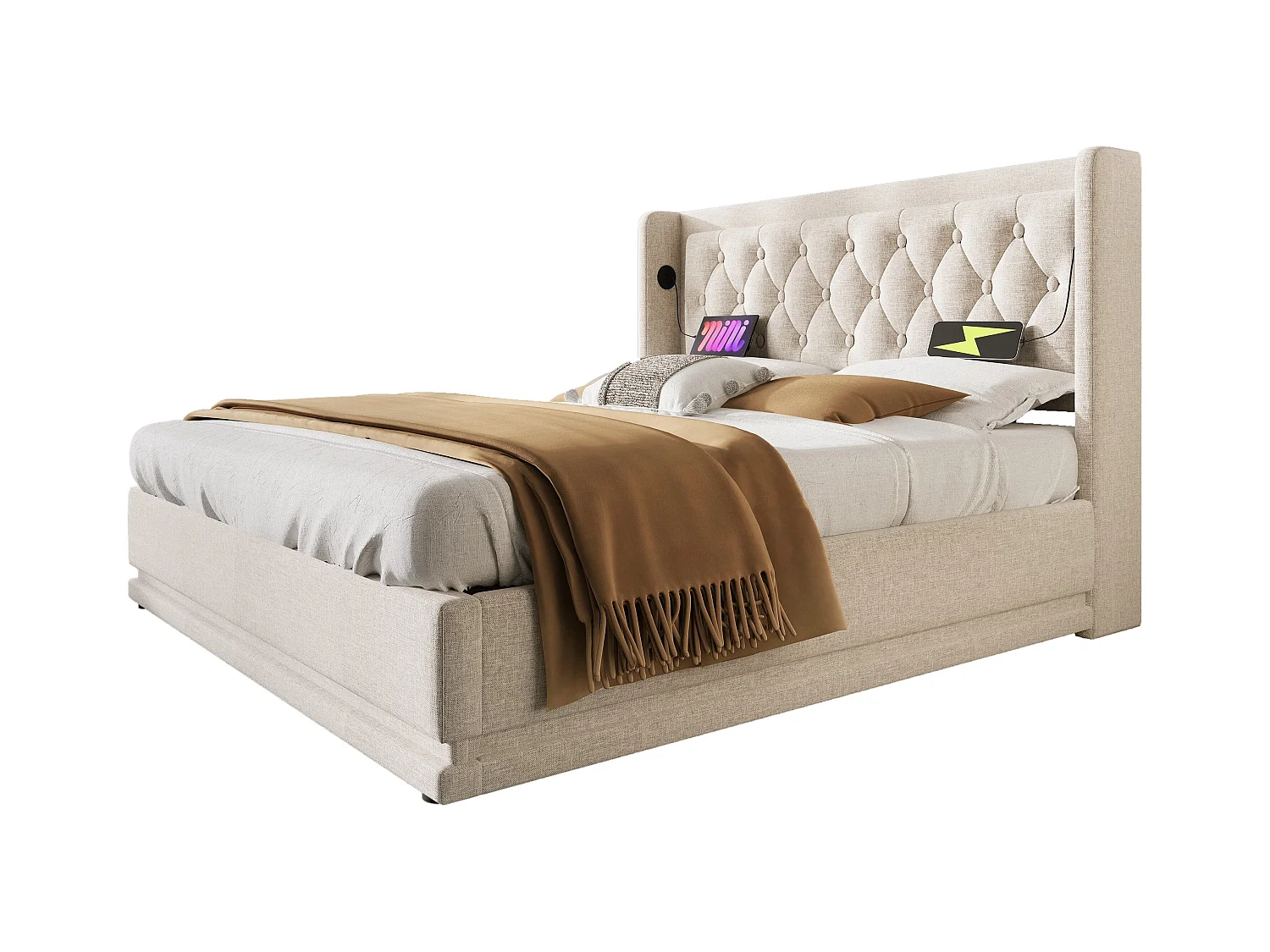 Tweepersoons opbergbed 160x200 cm van beige katoen, hoofdeinde met USB Type-C opladen, LED-verlichting aan 3 zijden (zonder matras)