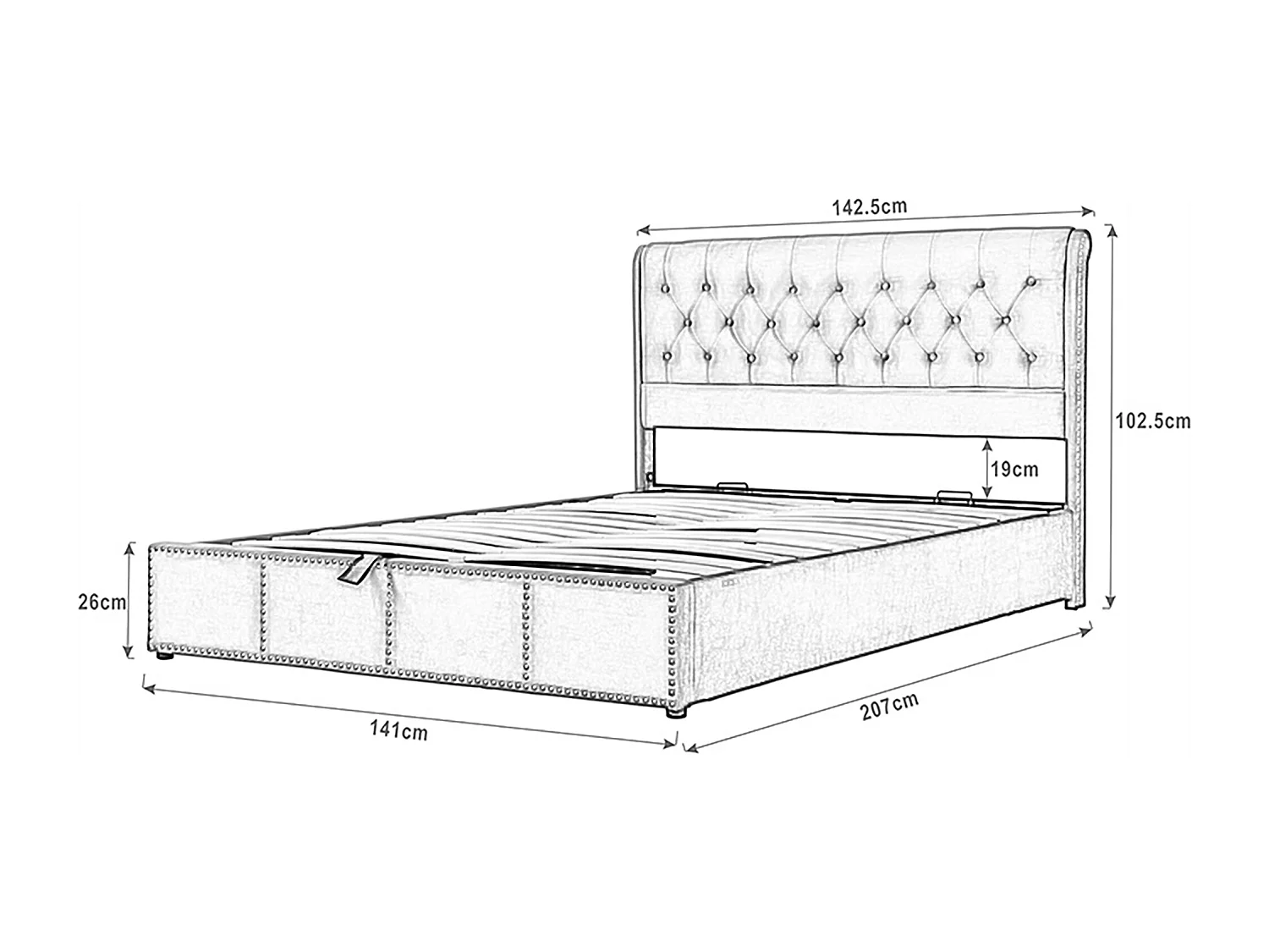 Letto contenitore matrimoniale imbottito 140x200 cm - letto per adulti in cotone e lino grigio chiaro - Senza materasso