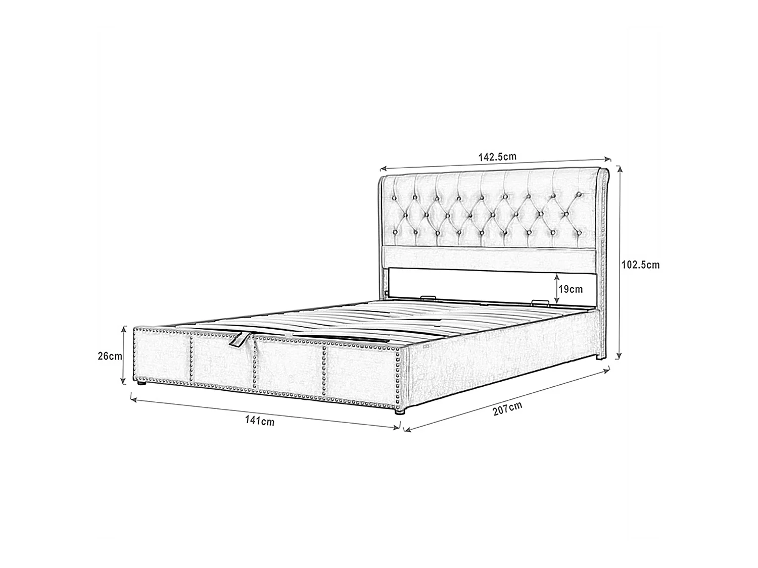 Lit coffre adulte capitonné 140x200 cm - lit adulte en Coton et Lin Gris Clair - Sans Matelas