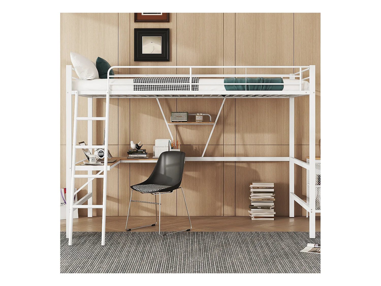 Lit mezzanine 90x200 cm lit enfant en métal avec bureau et étagère, blanc, sans matelas