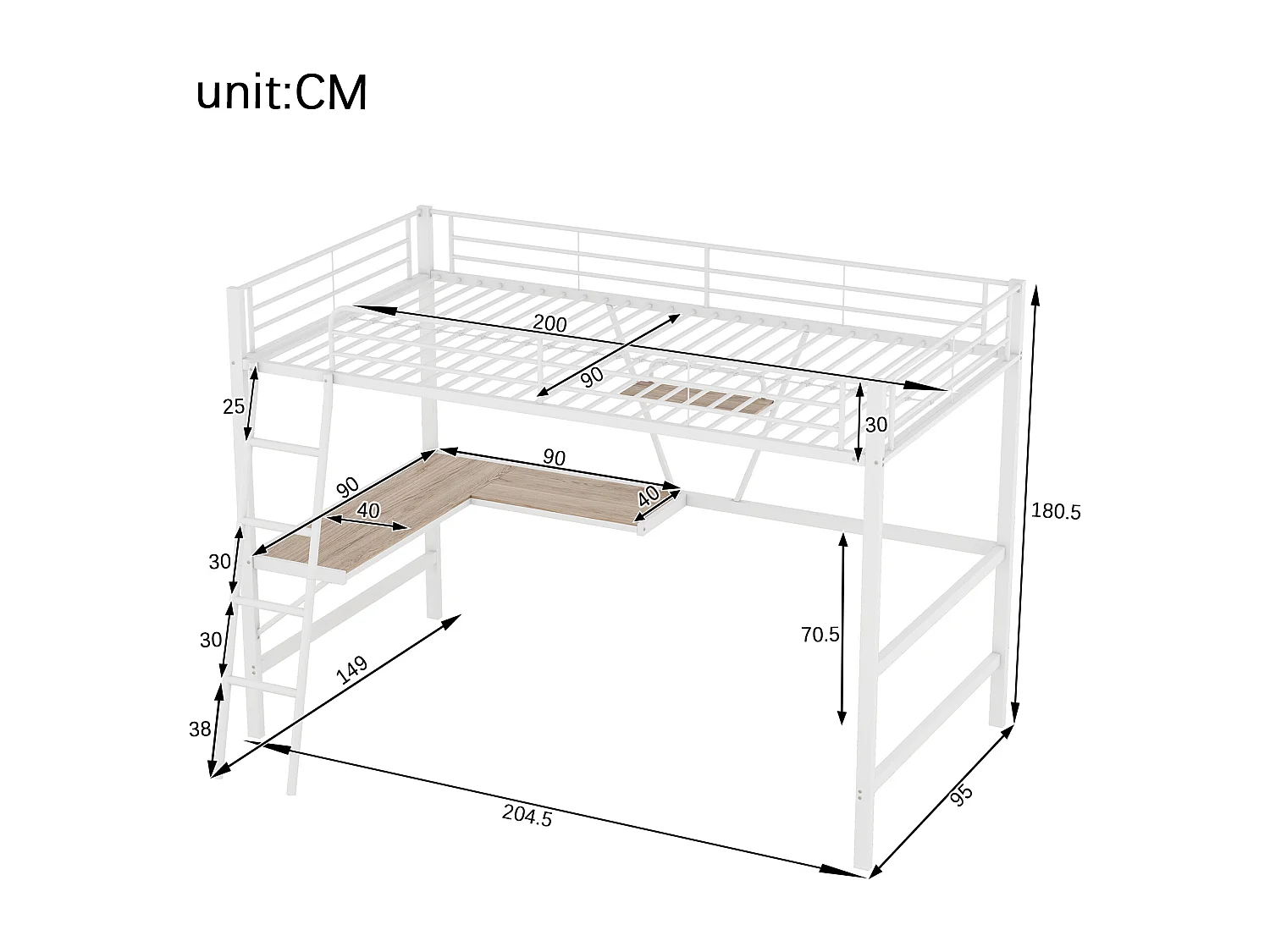 Lit mezzanine 90x200 cm lit enfant en métal avec bureau et étagère, blanc, sans matelas