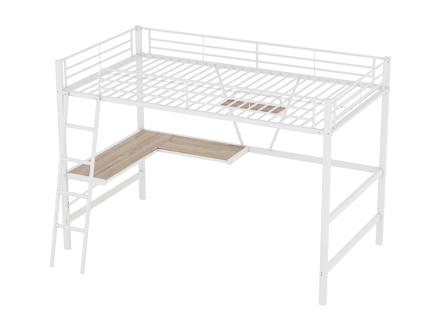 Lit mezzanine 90x200 cm lit enfant en métal avec bureau et étagère, blanc, sans matelas