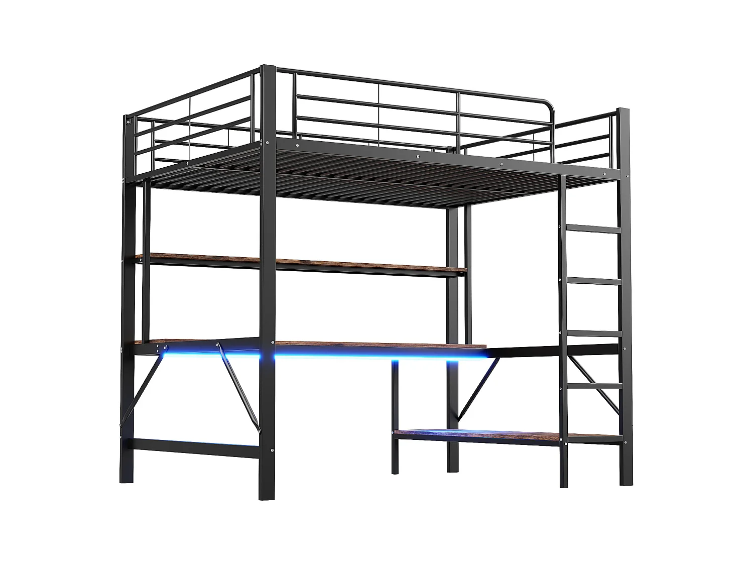 Lit mezzanine 140x200 cm en métal – avec garde-corps, échelle, USB et prise, LED, bureau et étagère intégrée – Noir (sans matelas)