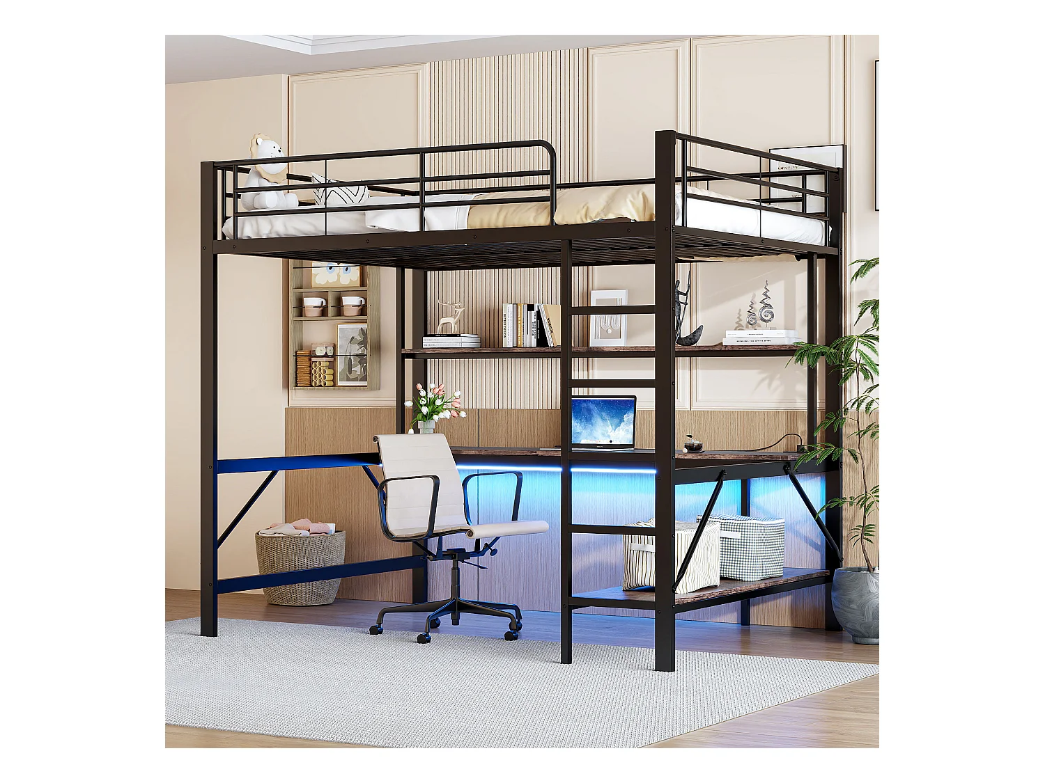 Lit mezzanine 140x200 cm en métal – avec garde-corps, échelle, USB et prise, LED, bureau et étagère intégrée – Noir (sans matelas)