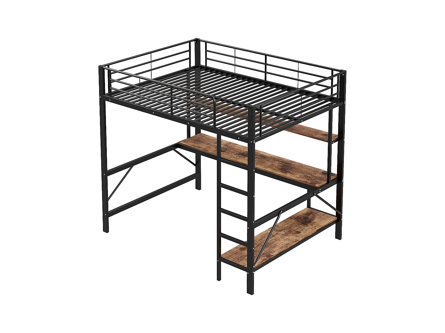 Lit mezzanine 140x200 cm en métal – avec garde-corps, échelle, USB et prise, LED, bureau et étagère intégrée – Noir (sans matelas)