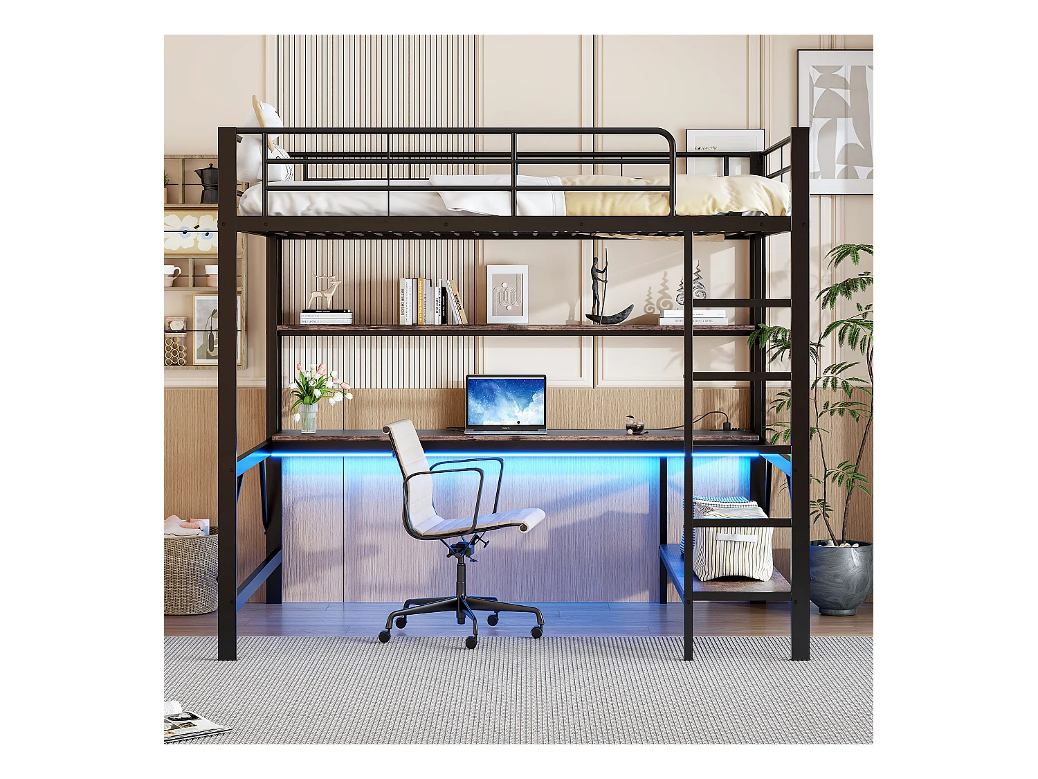 Lit mezzanine 140x200 cm en métal – avec garde-corps, échelle, USB et prise, LED, bureau et étagère intégrée – Noir (sans matelas)