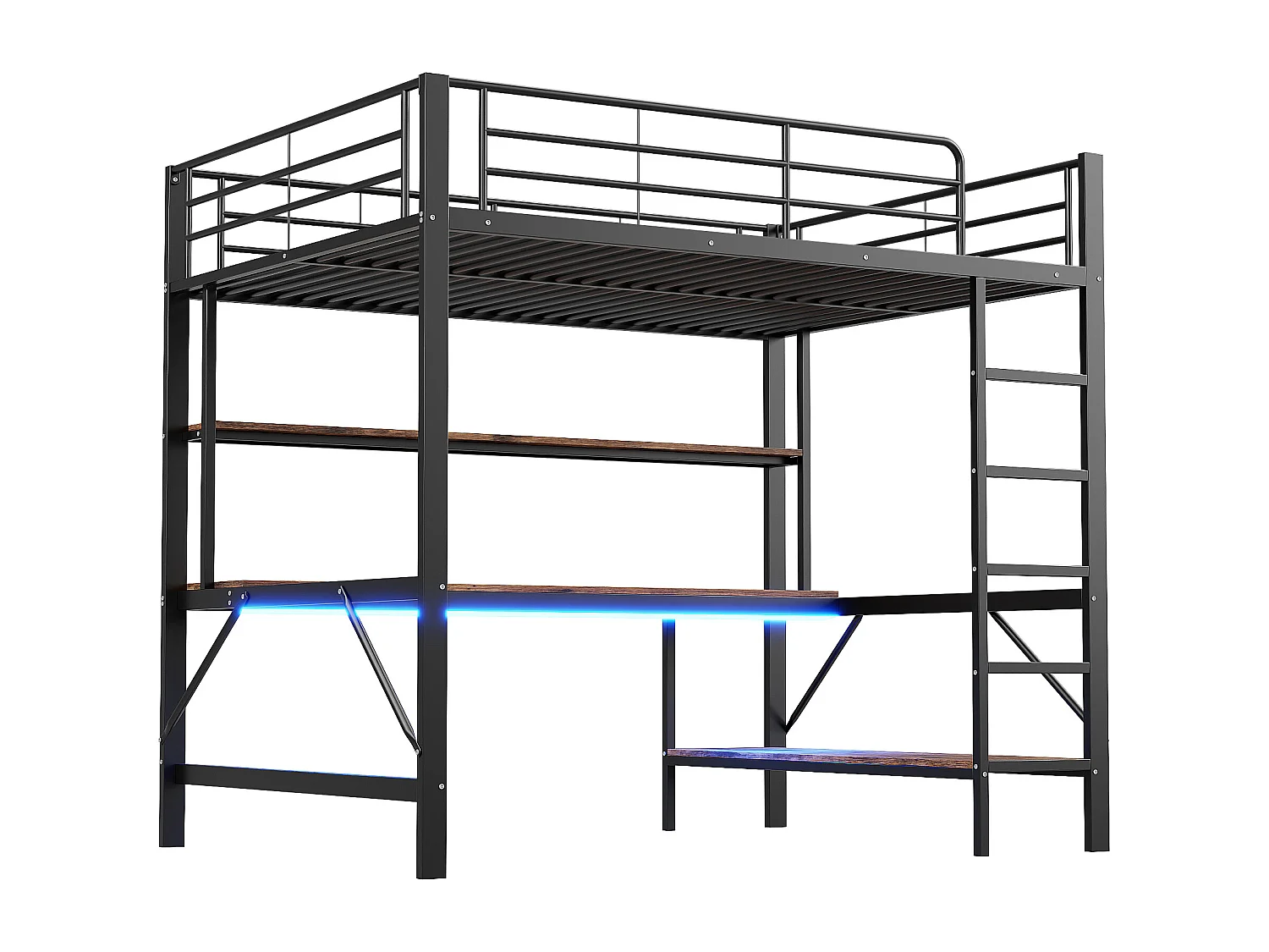 Lit mezzanine 140x200 cm en métal – avec garde-corps, échelle, USB et prise, LED, bureau et étagère intégrée – Noir (sans matelas)