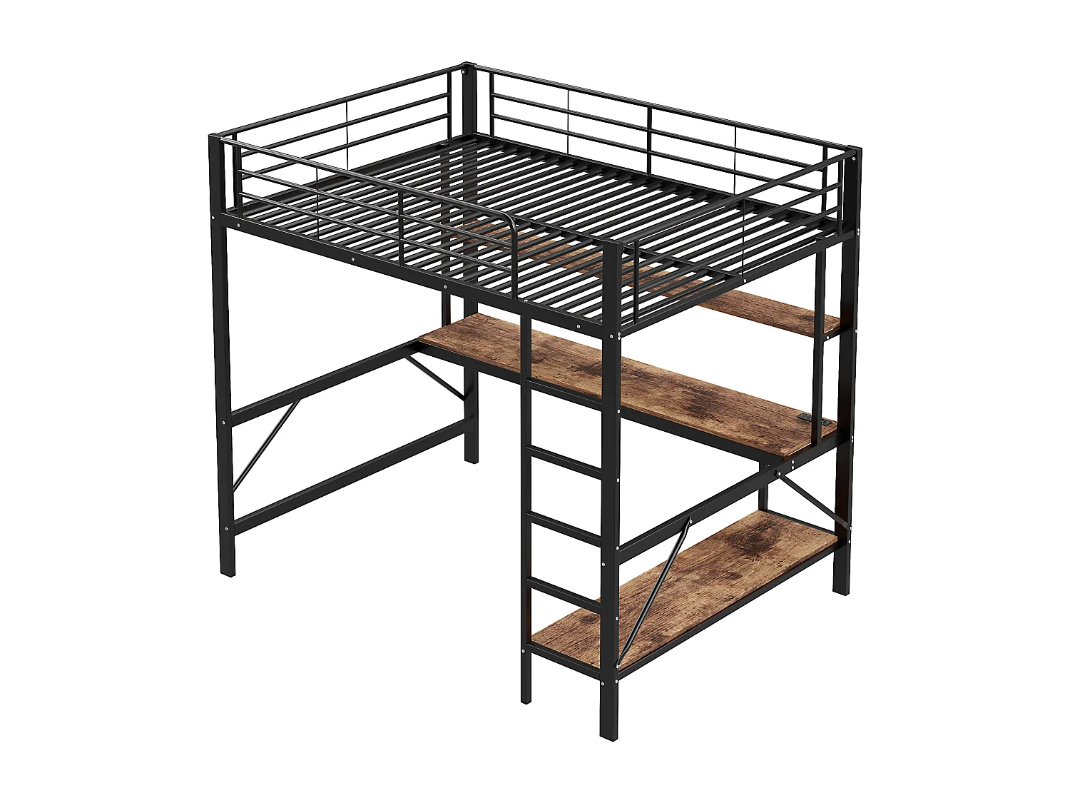 Lit mezzanine 140x200 cm en métal – avec garde-corps, échelle, USB et prise, LED, bureau et étagère intégrée – Noir (sans matelas)