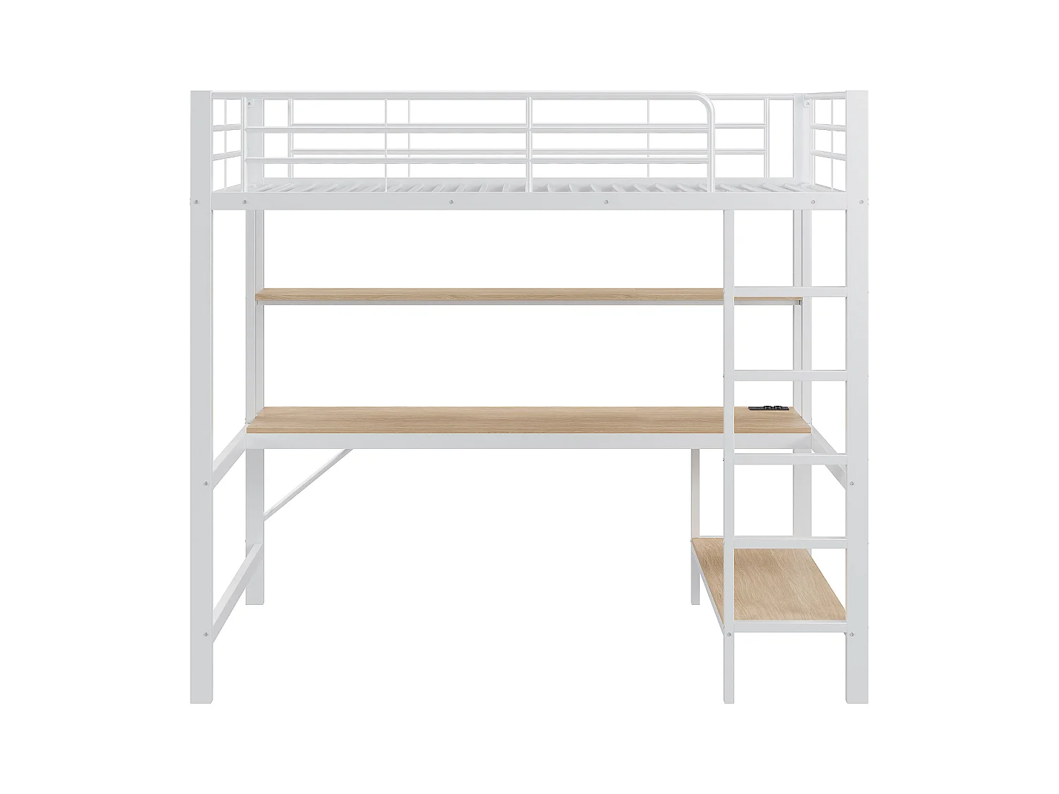 Lit mezzanine 90x200 cm en métal – avec garde-corps, échelle, USB et prise, LED, bureau et étagère intégrée – Blanc (sans matelas)