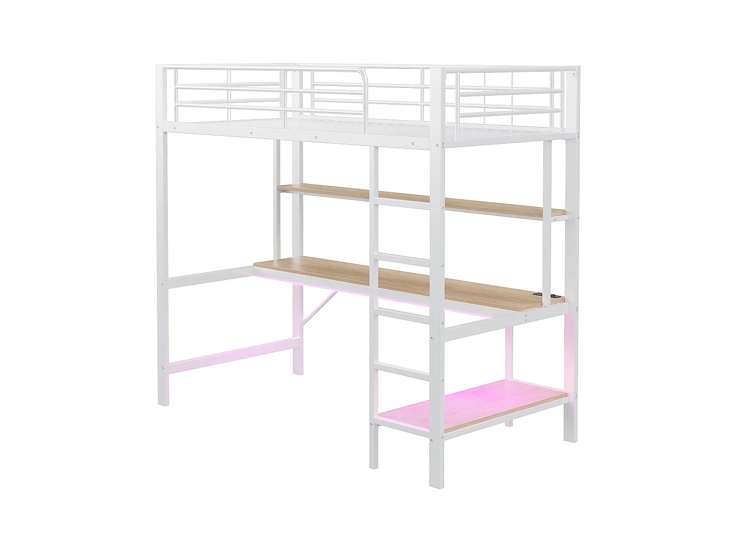 Lit mezzanine 90x200 cm en métal – avec garde-corps, échelle, USB et prise, LED, bureau et étagère intégrée – Blanc (sans matelas)
