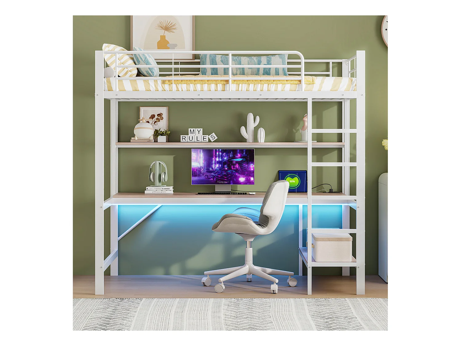 Lit mezzanine 90x200 cm en métal – avec garde-corps, échelle, USB et prise, LED, bureau et étagère intégrée – Blanc (sans matelas)