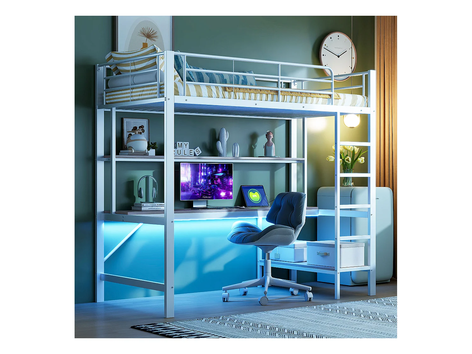 Hoogslaper 90x200 cm van metaal – met veiligheidsrand, ladder, USB en stopcontact, LED, bureau en ingebouwde plank – Wit (zonder matras)