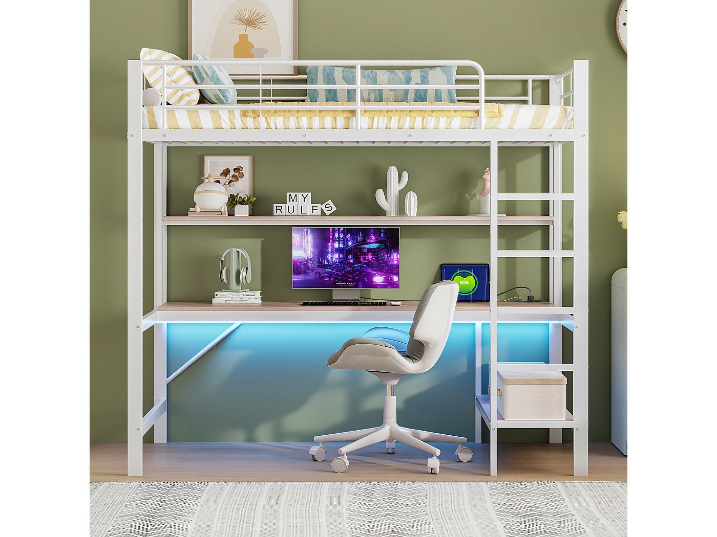 Letto A Soppalco In Metallo Con LED E Scrivania – 160x200 Cm, Nero, Con Armadio Aperto E Ripiani