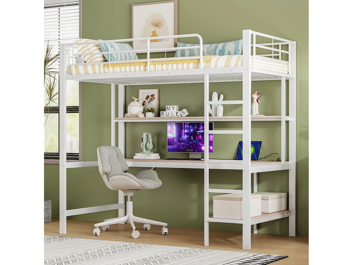 Letto a soppalco in metallo 90x200 cm – con sponda, scaletta, USB e presa, LED, scrivania e ripiano integrato – Bianco (senza materasso)