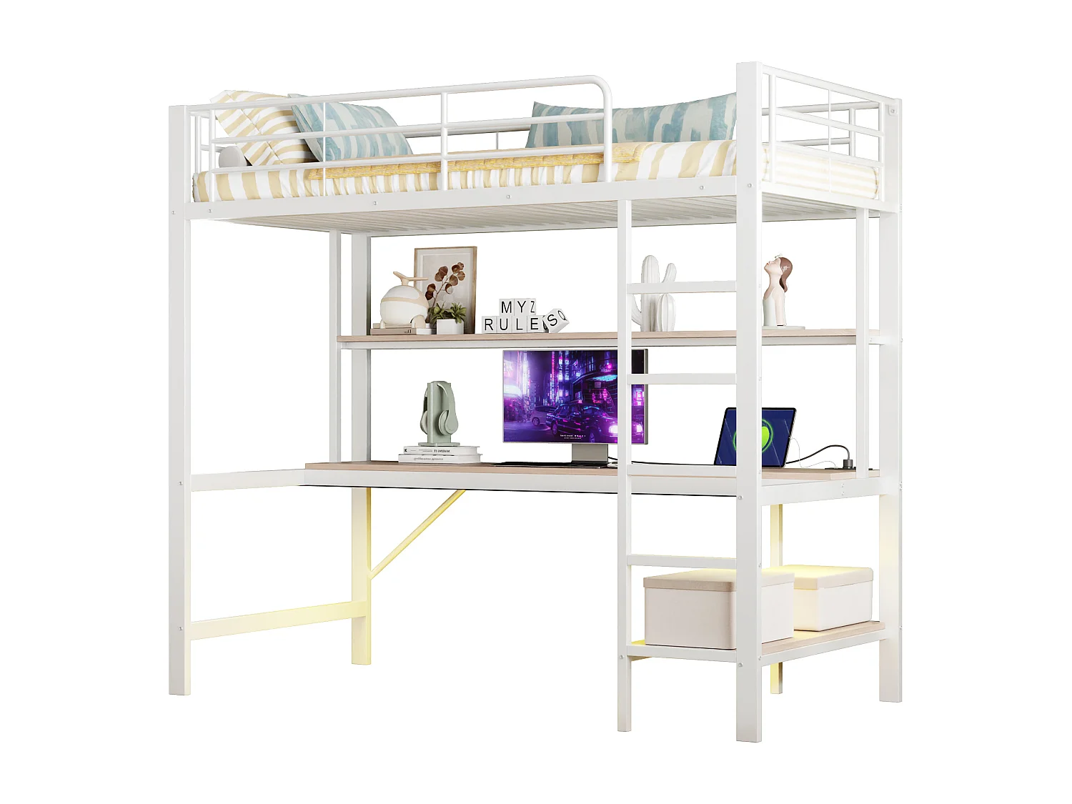 Letto a soppalco in metallo 90x200 cm – con sponda, scaletta, USB e presa, LED, scrivania e ripiano integrato – Bianco (senza materasso)