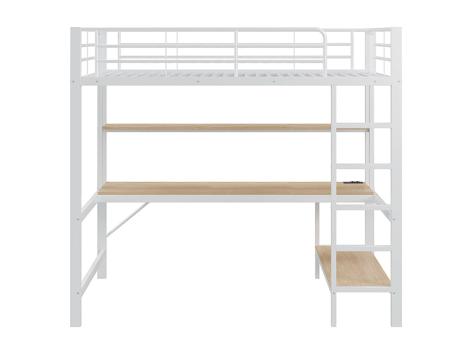 Letto a soppalco in metallo 90x200 cm – con sponda, scaletta, USB e presa, LED, scrivania e ripiano integrato – Bianco (senza materasso)