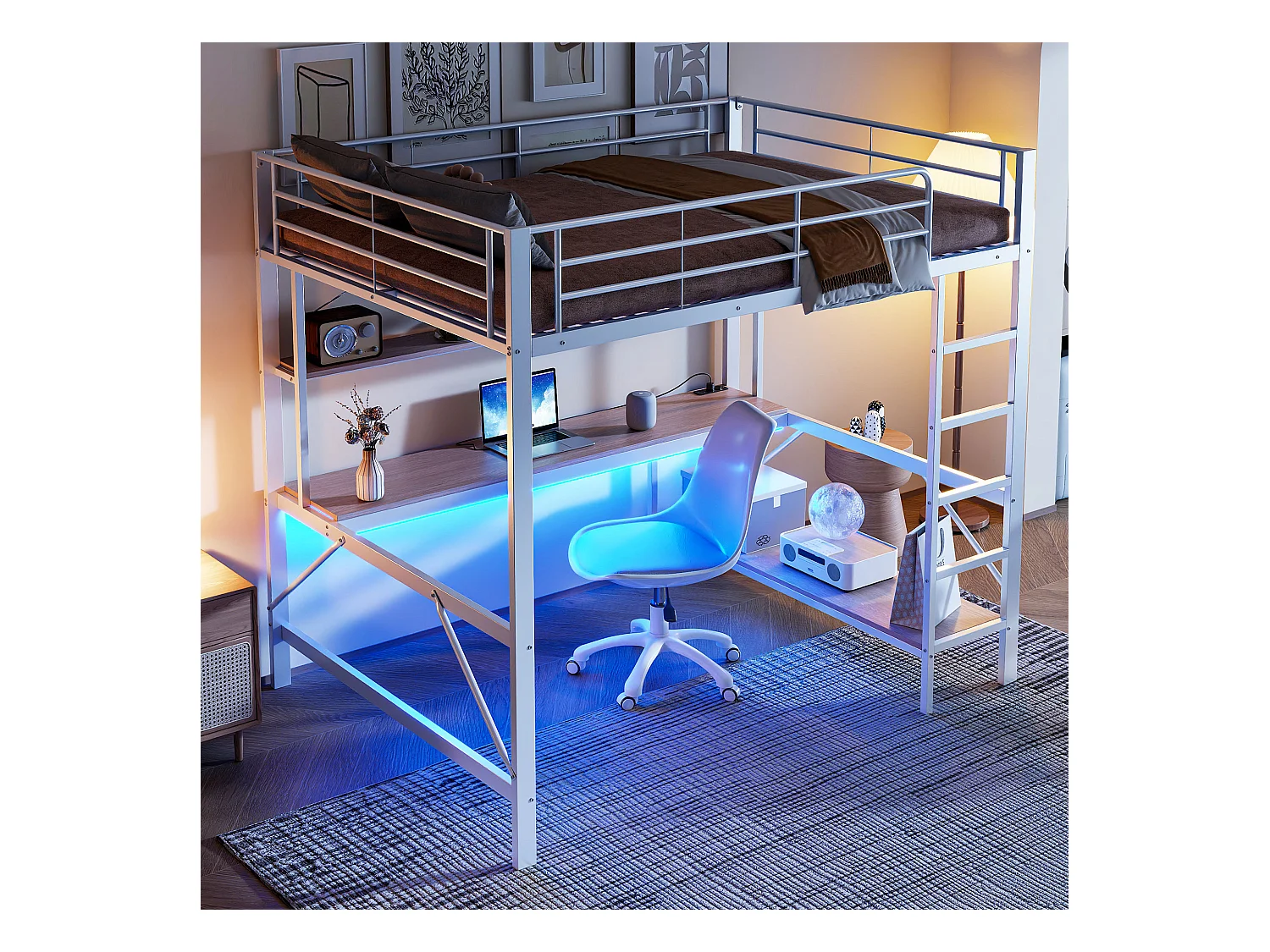 Lit mezzanine enfant 140x200 cm en métal – avec USB et prise, LED, bureau et étagère intégrée – Blanc (sans matelas)