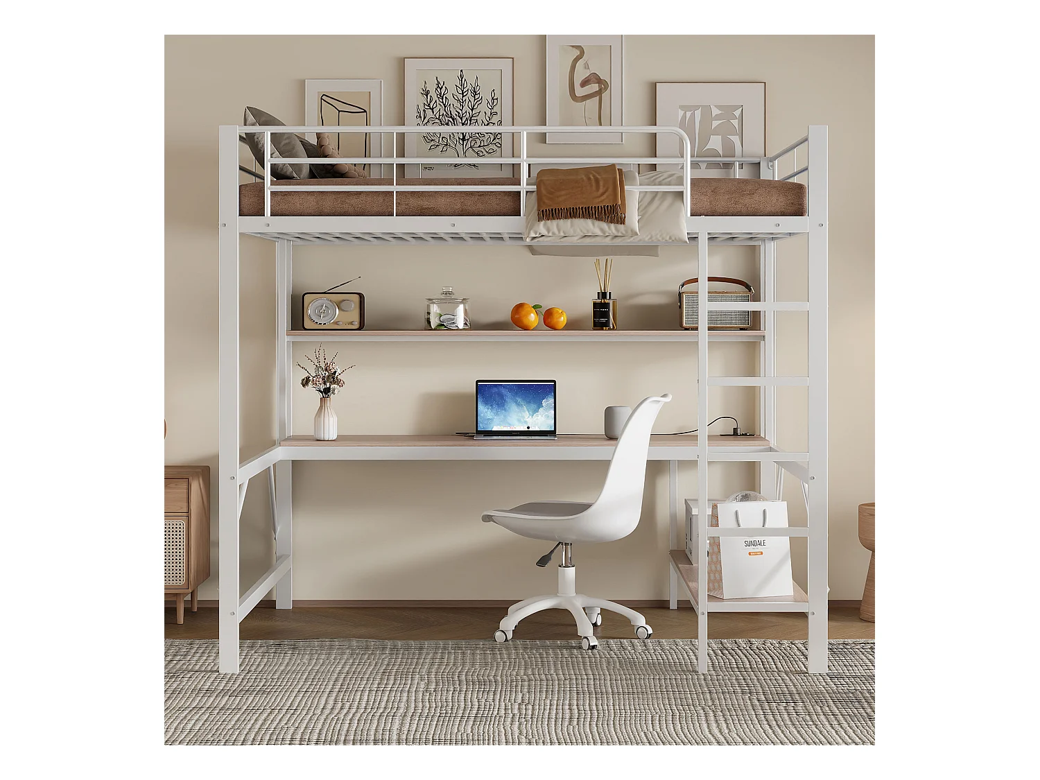 Lit mezzanine enfant 140x200 cm en métal – avec USB et prise, LED, bureau et étagère intégrée – Blanc (sans matelas)