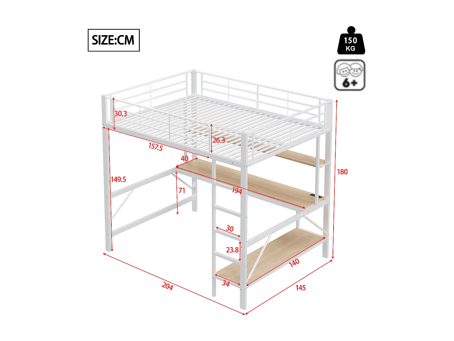 Lit mezzanine enfant 140x200 cm en métal – avec USB et prise, LED, bureau et étagère intégrée – Blanc (sans matelas)