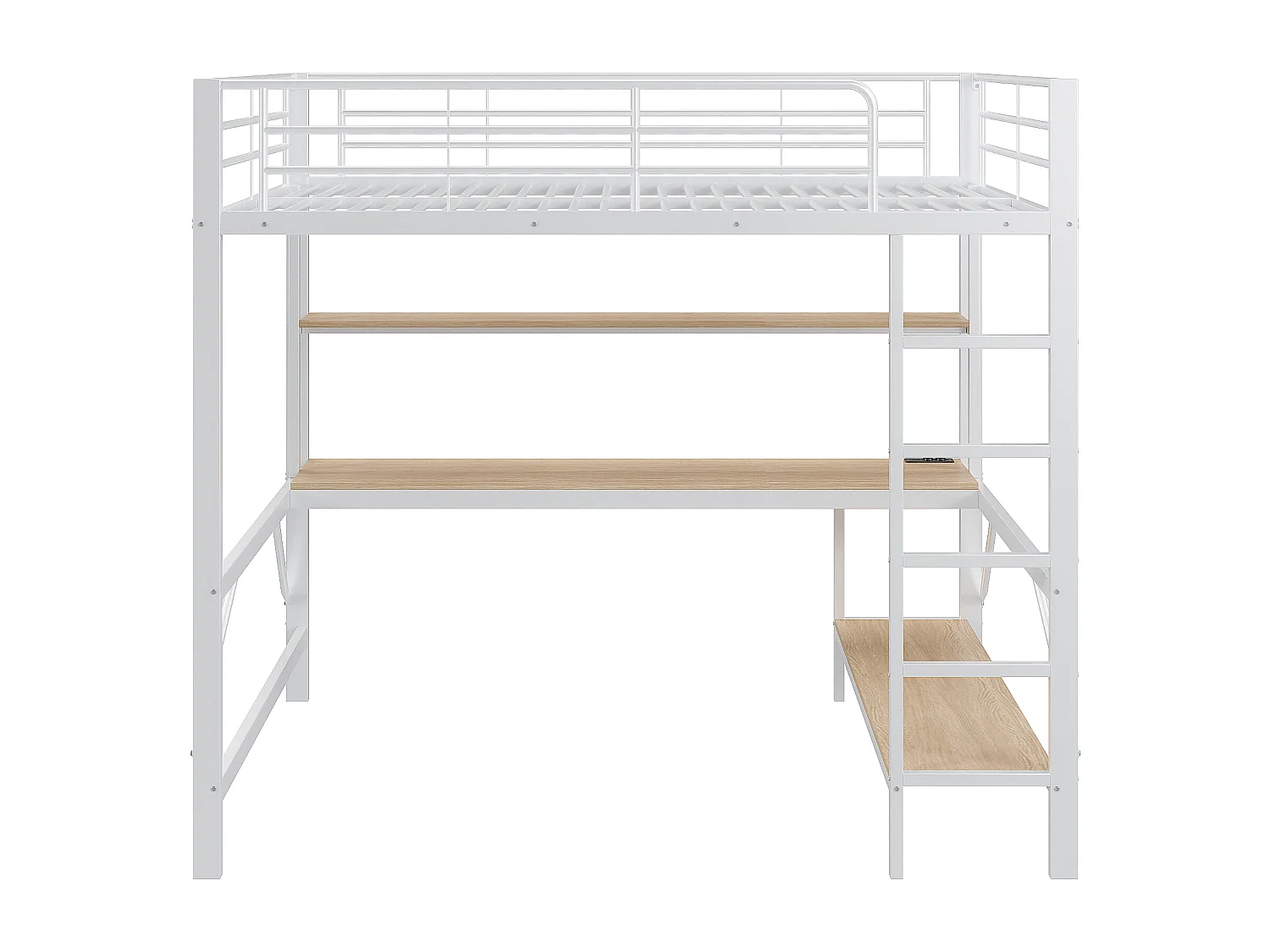 Lit mezzanine enfant 140x200 cm en métal – avec USB et prise, LED, bureau et étagère intégrée – Blanc (sans matelas)