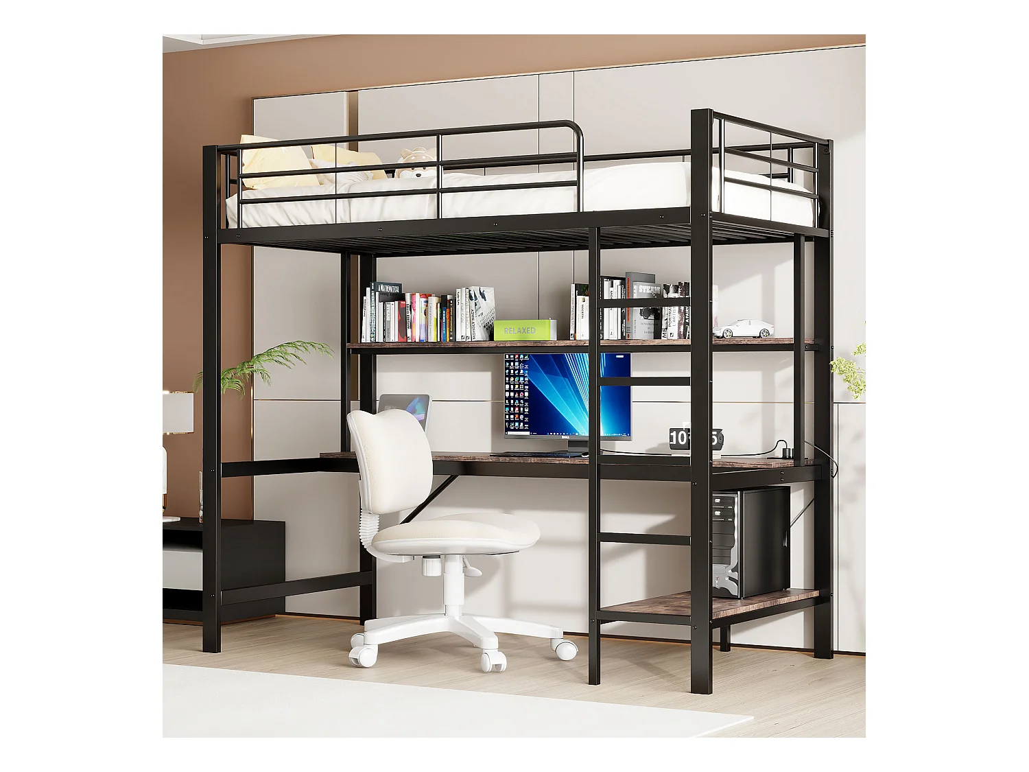 Hoge bed 90x200 cm van metaal – met leuning, ladder, USB en stopcontact, LED, bureau en ingebouwde plank – Zwart (zonder matras)