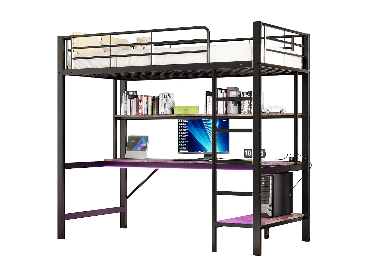 Lit mezzanine enfant 90x200 cm en métal – avec garde-corps, échelle, USB et prise, LED, bureau et étagère intégrée – Noir (sans matelas)