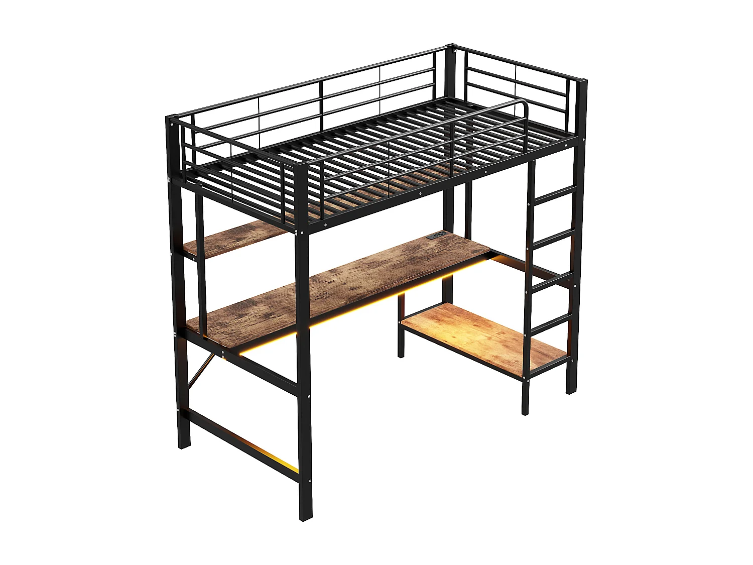 Lit mezzanine enfant 90x200 cm en métal – avec garde-corps, échelle, USB et prise, LED, bureau et étagère intégrée – Noir (sans matelas)