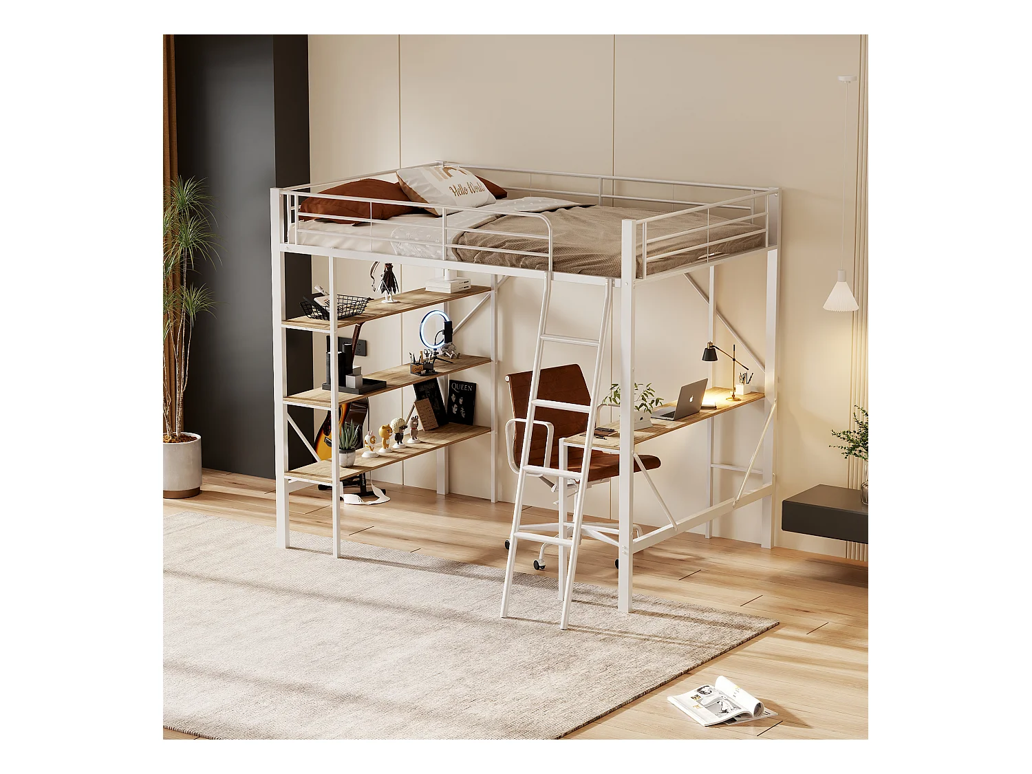 Lit surélevé sécurisé 90x200 - Bureau intégré + rangements - Structure métal renforcé blanc(sans matelas)