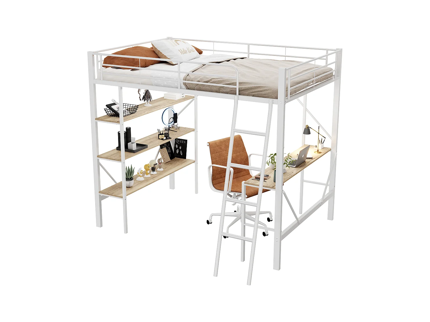 Lit surélevé sécurisé 90x200 - Bureau intégré + rangements - Structure métal renforcé blanc(sans matelas)