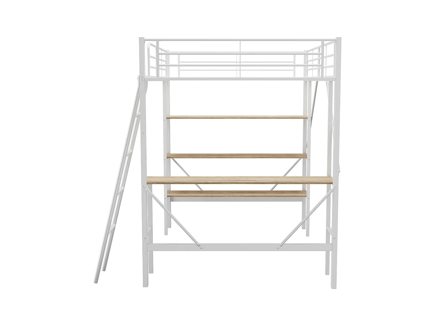 Lit surélevé sécurisé 90x200 - Bureau intégré + rangements - Structure métal renforcé blanc(sans matelas)