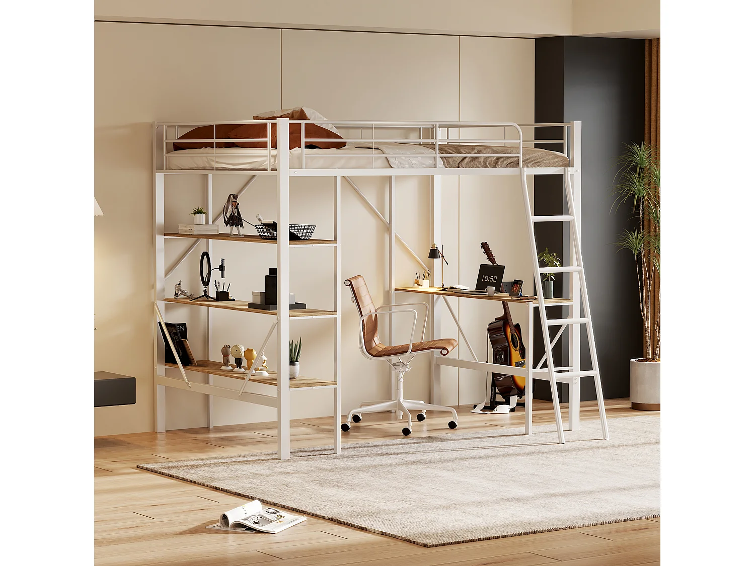 Lit mezzanine 90x200 - Bureau intégré + rangements - Structure métal renforcé blanc(sans matelas)