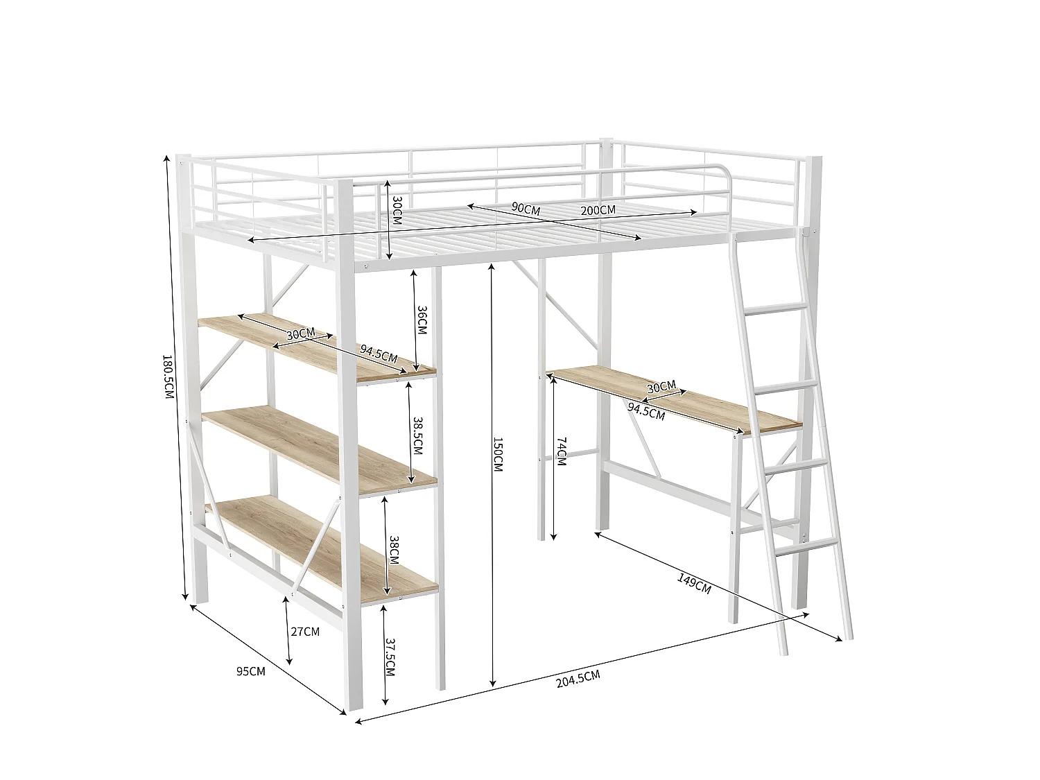 Lit mezzanine 90x200 - Bureau intégré + rangements - Structure métal renforcé blanc(sans matelas)