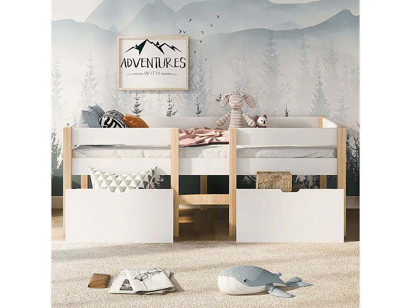 Lit mi-hauteur 90x200 cm avec tiroirs – Bois blanc (sans matelas)